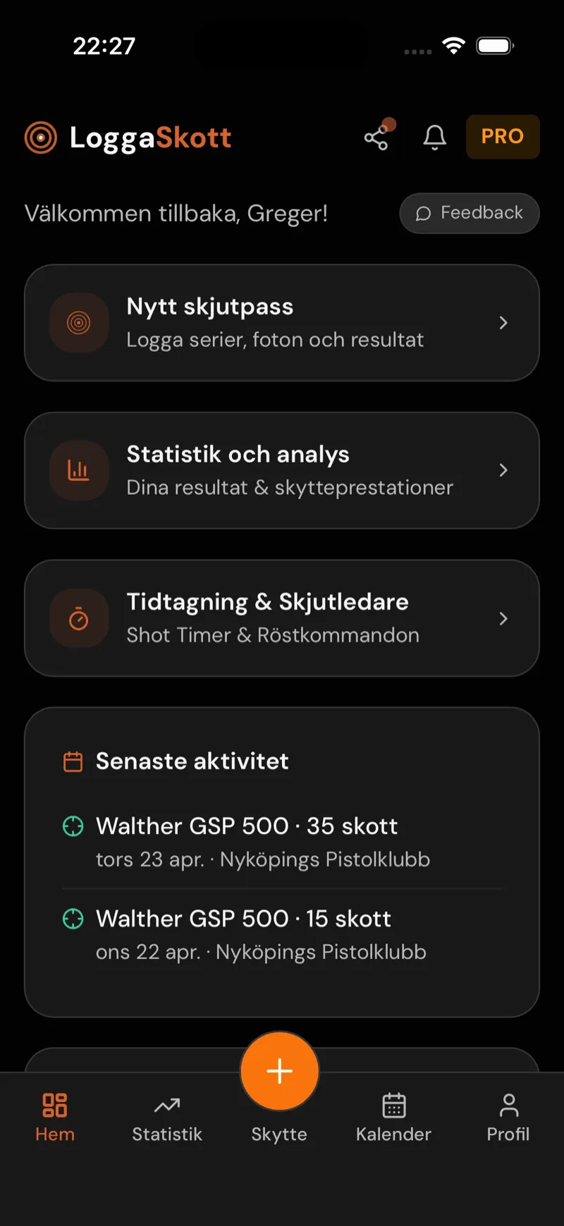 LoggaSkott-appens mobilvy med pass, statistik och licensbarometer